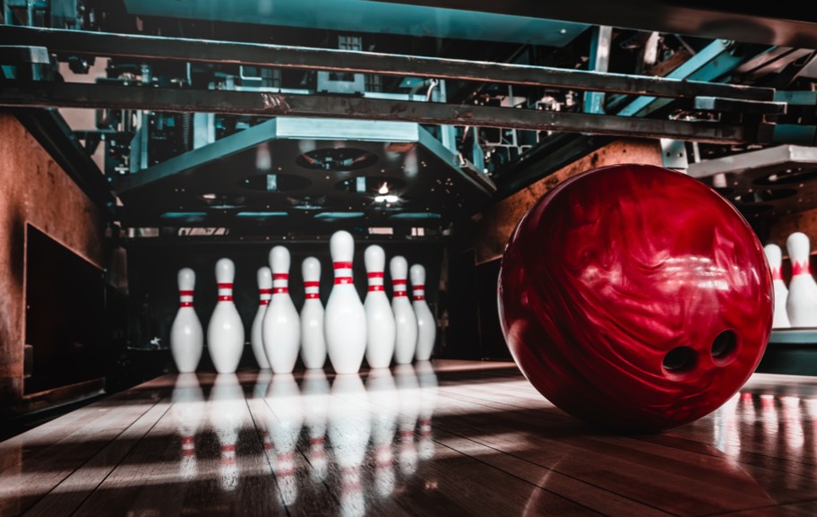 A bowling ball on a bowling lane at Flanker Kitchen + Sporting Club.