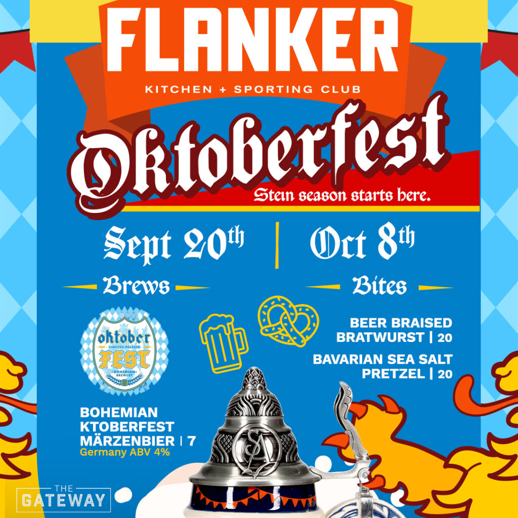 Oktoberfest-themed promotional graphic for Flanker Kitchen + Sporting Club featuring event details, festive imagery, and a decorative beer stein