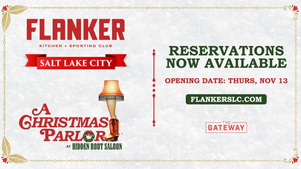 Flanker Salt Lake City promo for “A Christmas Parlor at Hidden Boot Saloon” with vintage decor and reservations opening Thursday, November 13.
