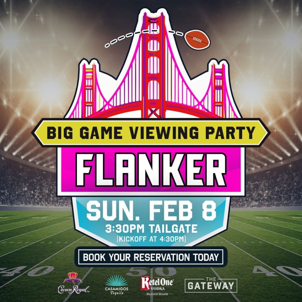 Event graphic for a Big Game viewing party at Flanker showing date, tailgate time, and kickoff time.