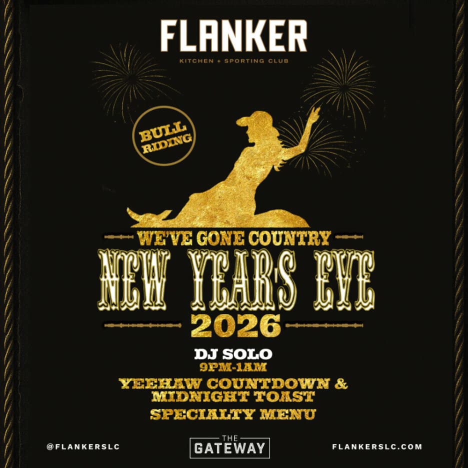 Flanker’s New Year’s Eve 2026 flyer with country theme and gold silhouette of a woman on a bull.