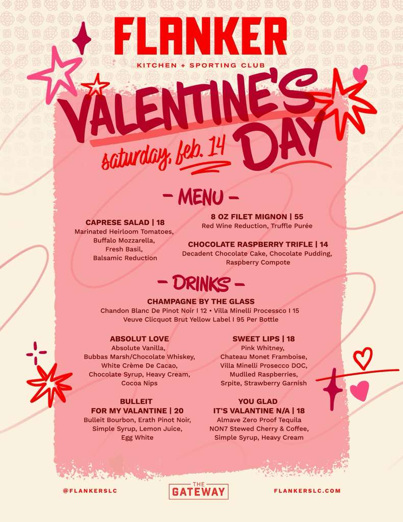 Valentine’s Day menu graphic for Flanker Kitchen and Sporting Club featuring dinner and drink specials