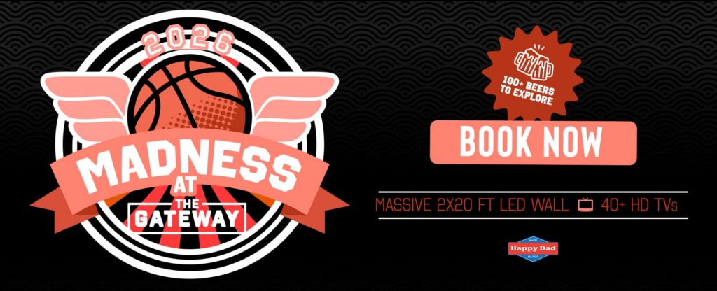 Madness at the Gateway 2026 basketball viewing event promotion with book now button