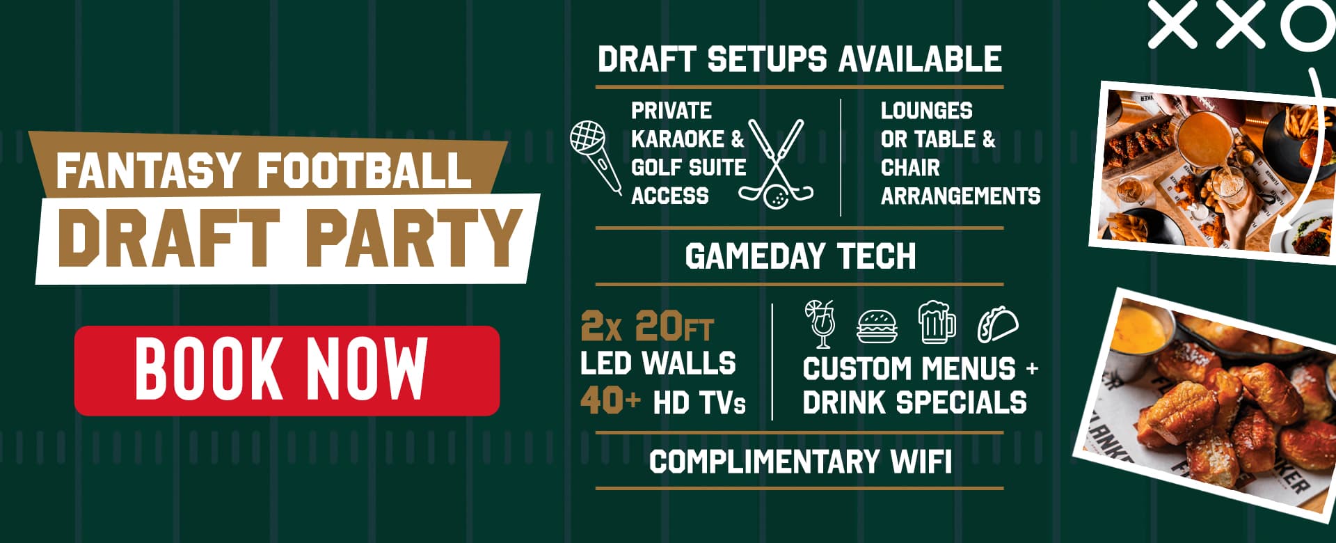 Promotional graphic advertising Fantasy Football Draft Party bookings featuring private karaoke and golf suite access, lounge or table seating options, LED walls, HD TVs, custom food and drink menus, complimentary Wi-Fi, and a "Book Now" call-to-action.